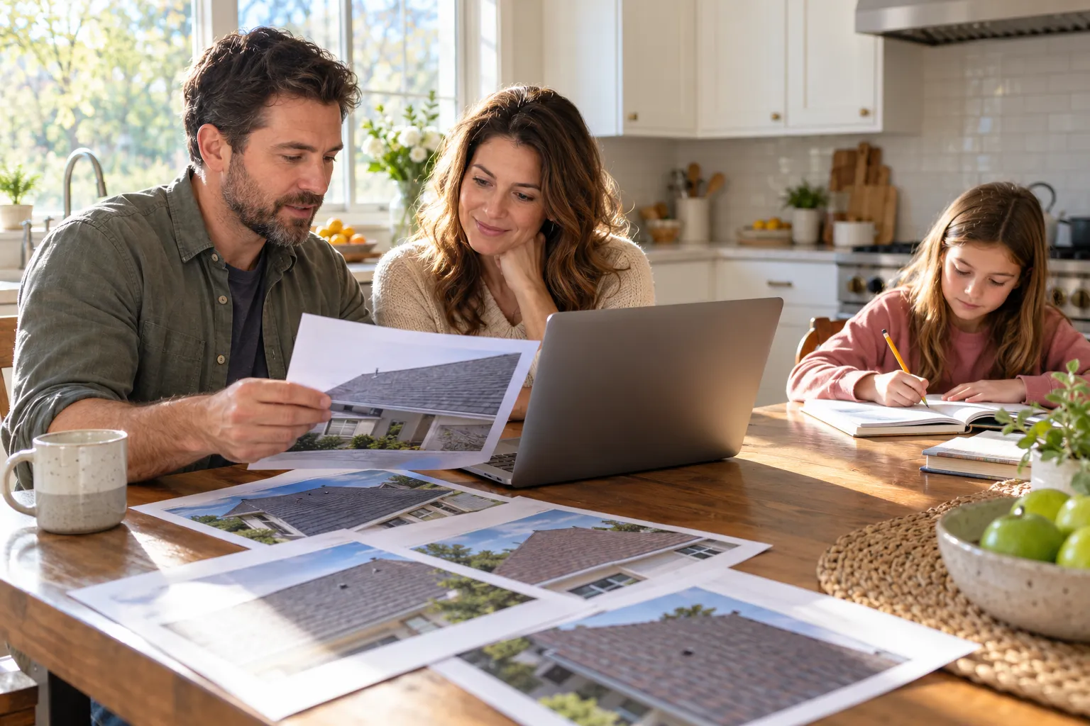 A homeowner reviewing roof estimates at a kitchen table in the San Diego area
