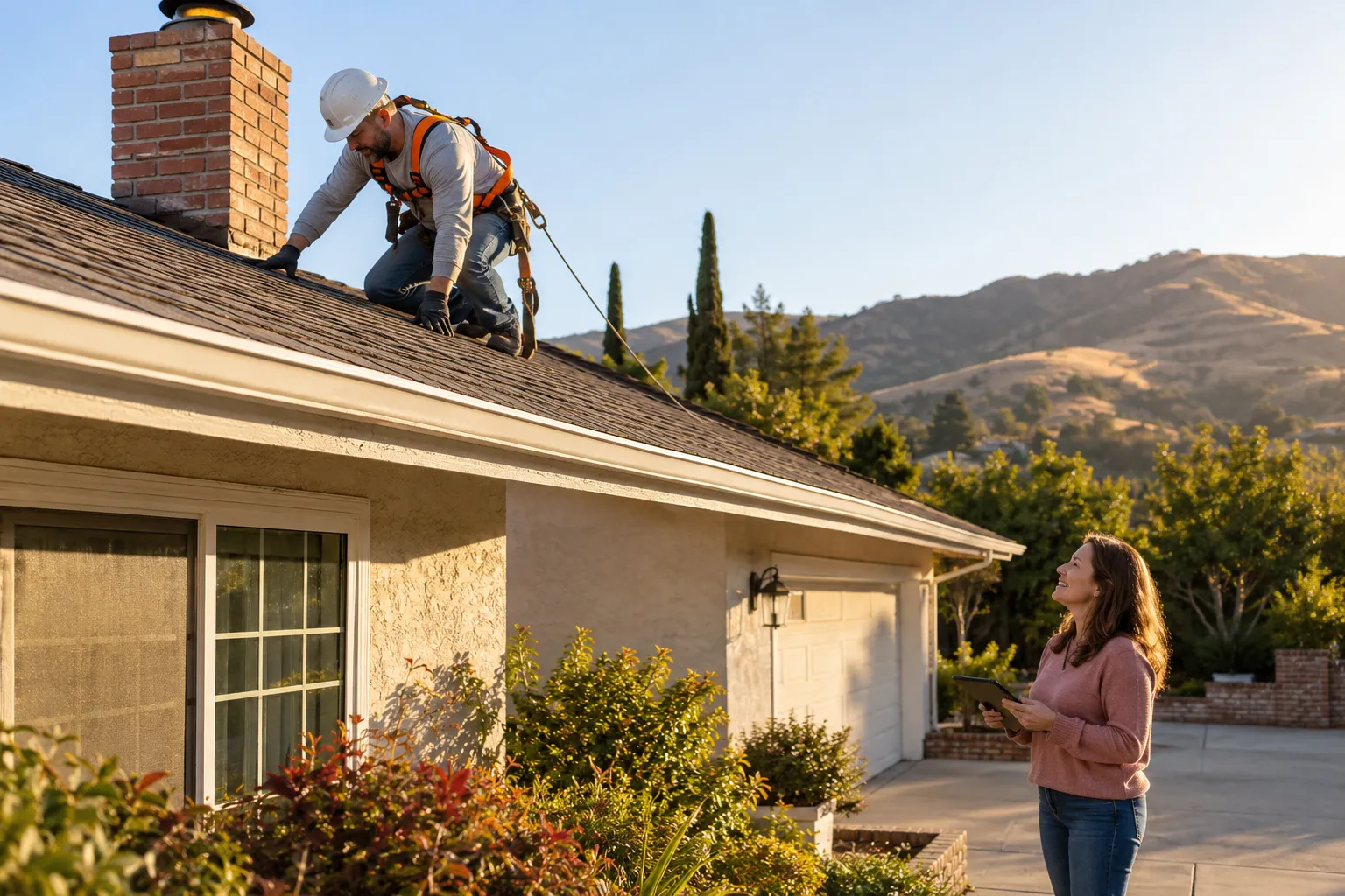 Local roofing provider checking flashing on a stucco ranch home in San Diego