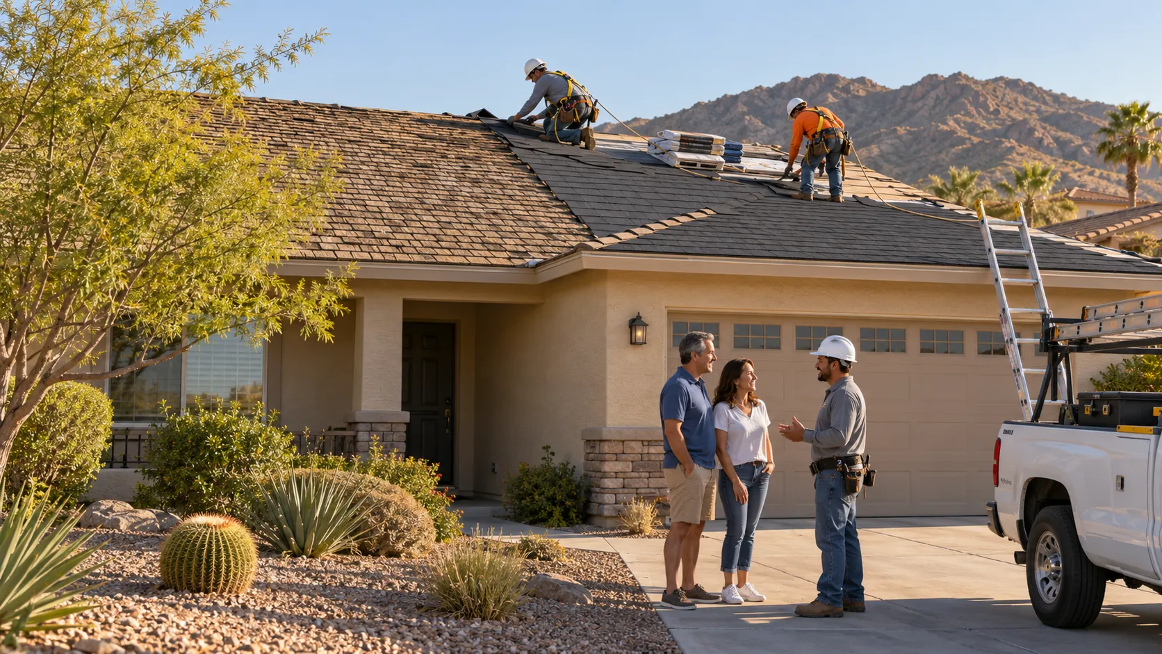 Roofing crew installing new shingles on a stucco ranch home in San Diego under clear skies