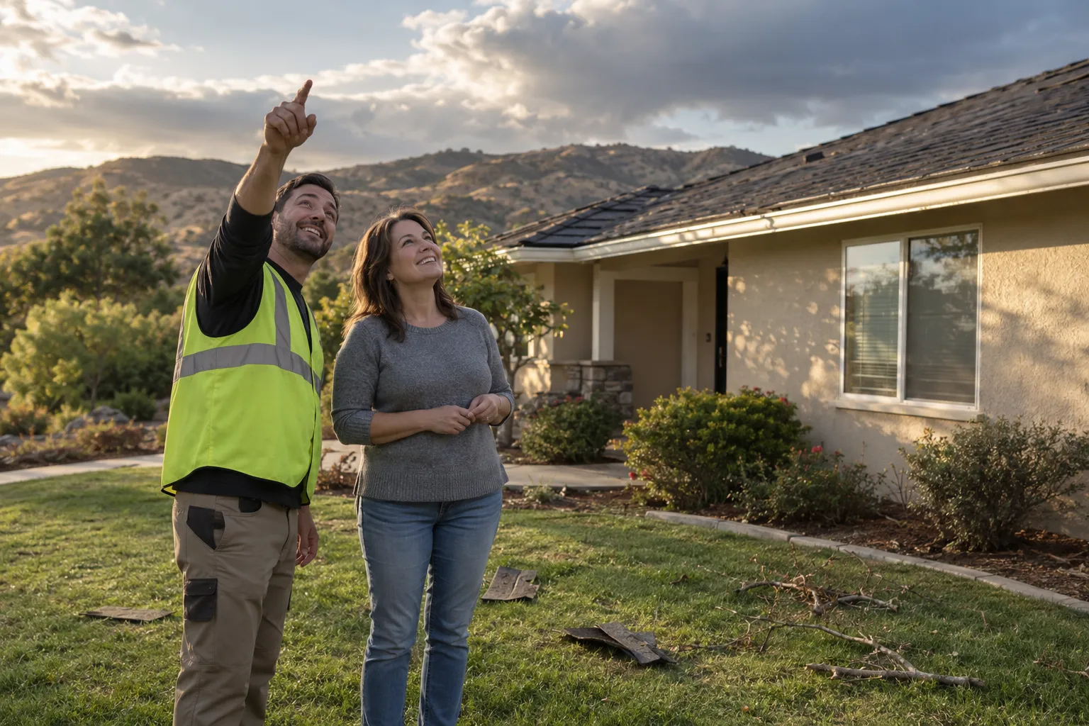 A friendly local roofing provider and a homeowner looking up at a stucco ranch home roof after a storm in San Diego